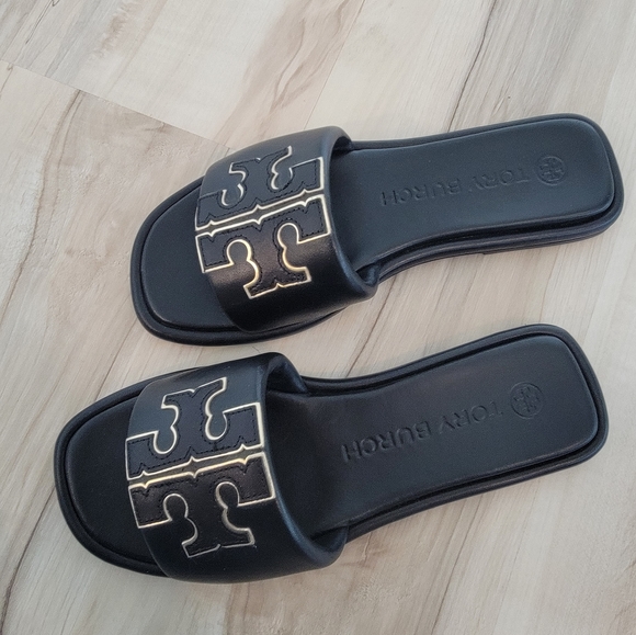 Tory Burch Black & Golden Double T Sport Slides - Picture 4 of 6